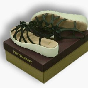 NIB Johnston & Murphy Chasity Ghille Black Italian Sheepskin Sandals Sz 9